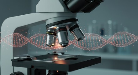 Close up of microscope with glowing dna double helix strands on slide in laboratory setting for genetic research and scientific discovery