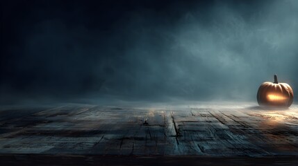 Eerie glowing pumpkin rests on weathered wood table amidst atmospheric mist and dark clouds, perfect for Halloween themes and spooky designs