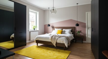Modern bedroom interior with pink and white walls, yellow rug, and brown wooden furniture, bright daylight through window