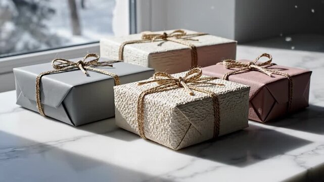 Festive gift boxes arranged on a marble surface by a window on a snowy winter day.