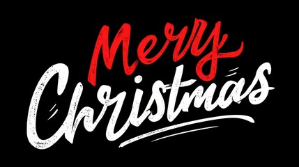 Festive holiday greeting, handwritten lettering, red and white script on stark black background. Simple, bold design