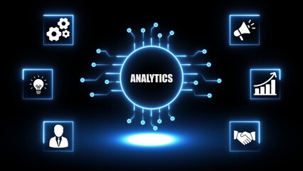 Naklejka premium Digital analytics concept with glowing circuit board and icons for business growth and ideas data technology