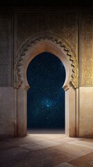 A large archway with a starry sky above it