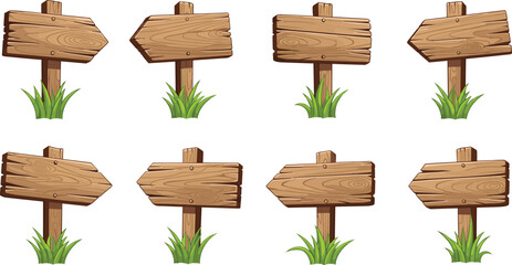 Wooden direction signboards set with arrow shapes grass base rustic cartoon style isolated vector illustration collection © Sihab Creatives
