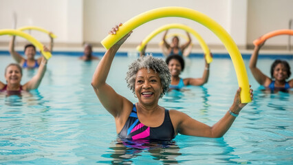 Senior African-American woman exercising with pool noodle in community wellness pool, fitness and group workout in aquatic therapy