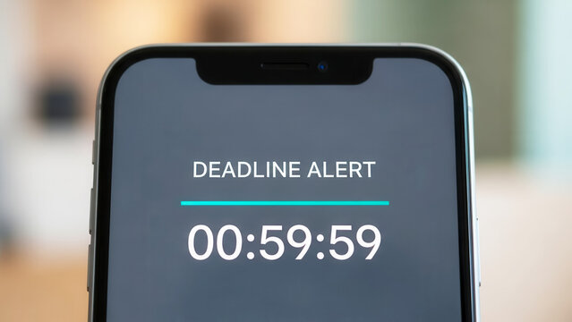 Deadline alert on smartphone screen with countdown timer, time management and productivity in technology - Powered by Adobe
