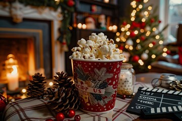 Festive cinema centerpiece featuring popcorn bucket, pine cones, and holiday clapperboard decor