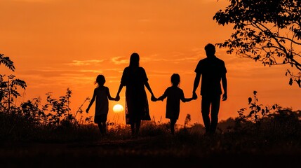 A family of four is walking together in a field at sunset