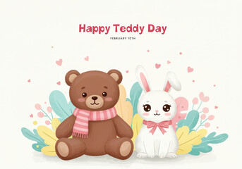 Naklejka premium Adorable teddy bear and bunny with plants for Teddy Day celebration rabbit cute