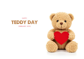 Obraz premium Adorable Teddy Bear Holding a Red Heart on White Background for Teddy Day stuffed animal