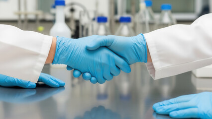 Handshake with gloves between lab specialists in scientific laboratory, cooperation and professionalism in research environment