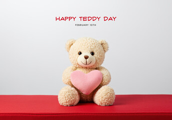 Beige teddy bear holding a pink heart on a red surface with happy teddy day text plush toy