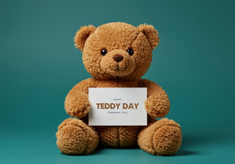 Brown teddy bear holding a card for Happy Teddy Day celebration plush toy stuffed animal