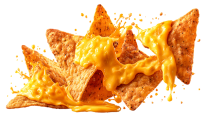 Crispy tortilla chip melted cheese cheesy nachos golden sauce snack splash crunchy texture salty flavor spicy seasoning fast food party appetizer explode with energy and craveable delight, isolated