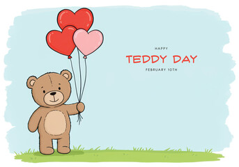 Fototapeta premium Cartoon teddy bear holding red and pink heart balloons over grass illustration cute