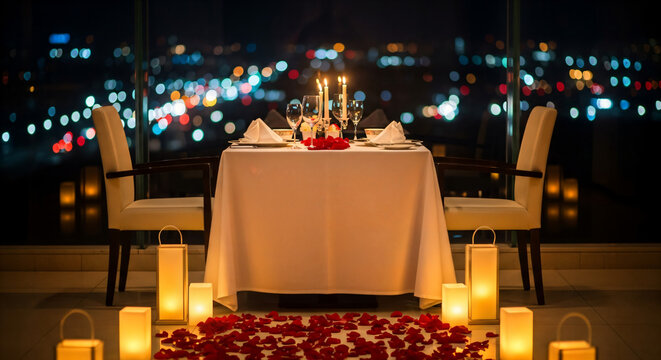 Romantic Rooftop Dinner for Two with City Lights and Roses - Powered by Adobe