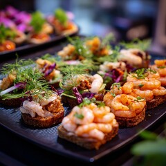 A black tray with a variety of appetizers, including shrimp and vegetables