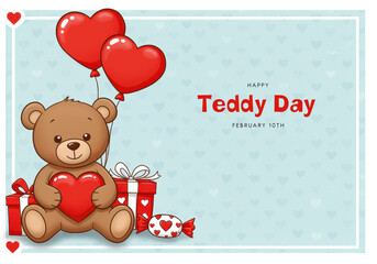 Cute cartoon teddy bear holding heart with balloons and gifts on blue background love valentine