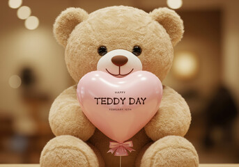 Close-up of Teddy Bear Holding Pink Heart Balloon for Teddy Day Celebration image photo