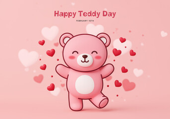 Cute pink teddy bear dancing with hearts on Valentine's Day background love