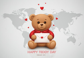Cute Teddy Bear with Envelope and Hearts on World Map Background Happy Teddy Day global international