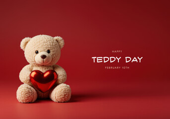 Fluffy Teddy Bear Holding a Shiny Red Heart on a Red Background for Teddy Day stuffed animal
