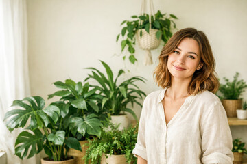 Horizontal photo of a smiling woman standing among indoor plants in soft natural light, warm green and beige tones expressing grounded joy, emotional comfort, and inner harmony for states of mind