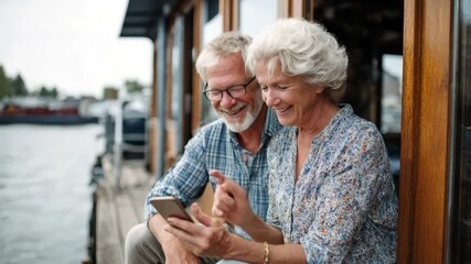 Happy senior couple sitting together by the water enjoying social media on a mobile phone - Powered by Adobe
