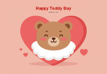 Happy Teddy Day with a cute cartoon teddy bear face inside a heart february 10th love