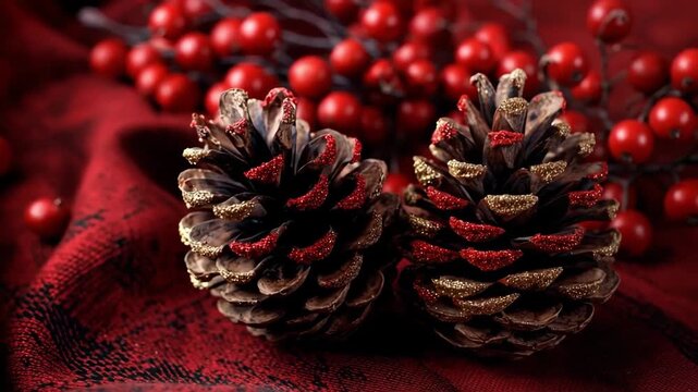 Festive winter holiday composition featuring decorated pinecones with red berries on a plaid fabric