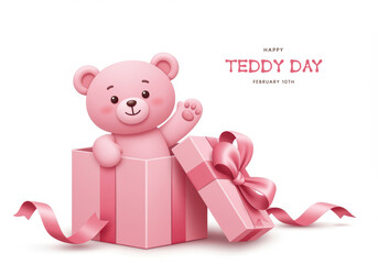 Pink teddy bear emerging from a gift box with ribbon on white background image photo