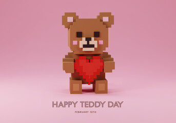 Pixelated teddy bear holding a red heart against a pink background pixel art 8-bit