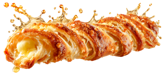 Buttery pastry golden crust flaky layers garlic butter cheese filling melted cheese savory snack crispy texture close up splash, isolated