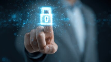 Hand touching glowing digital padlock icon with blue particles against dark background