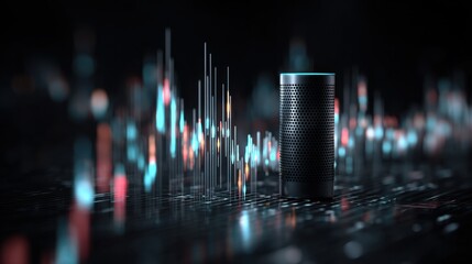 Smart speaker device next to futuristic glowing financial data chart with blurred background