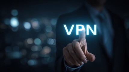 Person's finger touching the glowing blue word VPN against a dark blurred city background