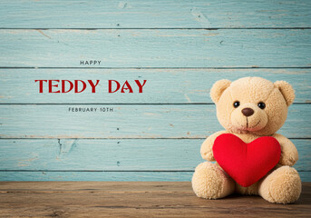 Teddy Bear Holding Red Heart on Rustic Wooden Background for Teddy Day sitting