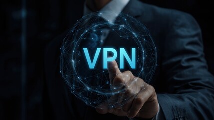 Businessman touching a glowing digital sphere displaying the word VPN with a network of lines