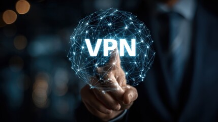 Man's finger touches glowing abstract network sphere with VPN text technology