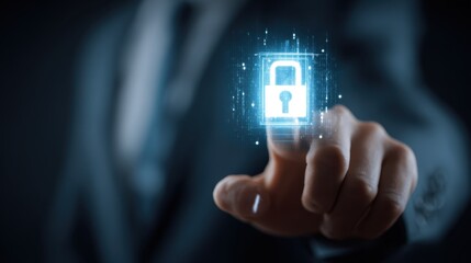 Person touching a glowing digital padlock icon surrounded by binary code and data streams