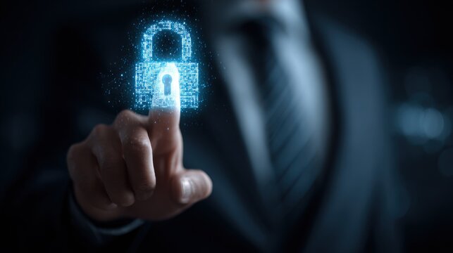 A businessman's finger touches a glowing blue digital padlock icon symbolizing data security - Powered by Adobe