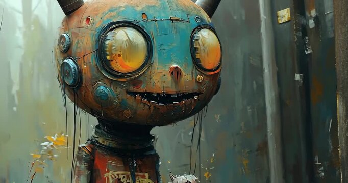 A surreal painting of a whimsical robot character with a grunge texture and vibrant colors, creating a moody atmosphere.