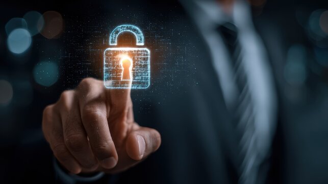Hand touching a glowing digital padlock icon on a dark background representing data security - Powered by Adobe