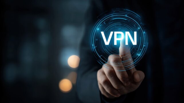 Human finger pressing glowing blue VPN icon on digital interface Virtual Private Network