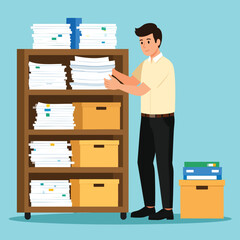 Man organizing documents on a shelf with files and papers in an office environment from a front viewpoint