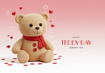 Teddy bear with red scarf surrounded by hearts and bubbles on gradient background love