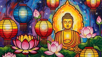 Serene Vesak Celebration Illustration Painting with Buddha, Floating Lanterns and Lotus Blooms