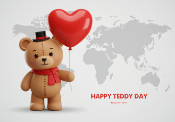 Teddy Bear with Top Hat and Scarf Holding Heart Balloon on World Map Background global international