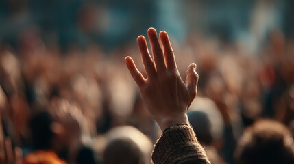 Close-up of a raised hand with the palm facing the camera, silhouetted against a blurred crowd. The light shines through the fingers