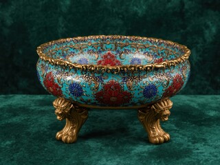 Intricate cloisonne bowl with lion feet